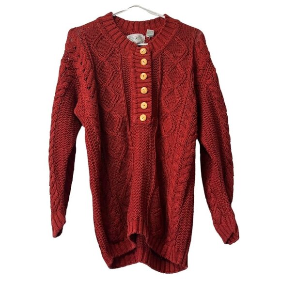 LITTLE WOOD GREEN Red/Orangeish Sweater Women Chunk Cable Knit Size Small VTG - Picture 1 of 11